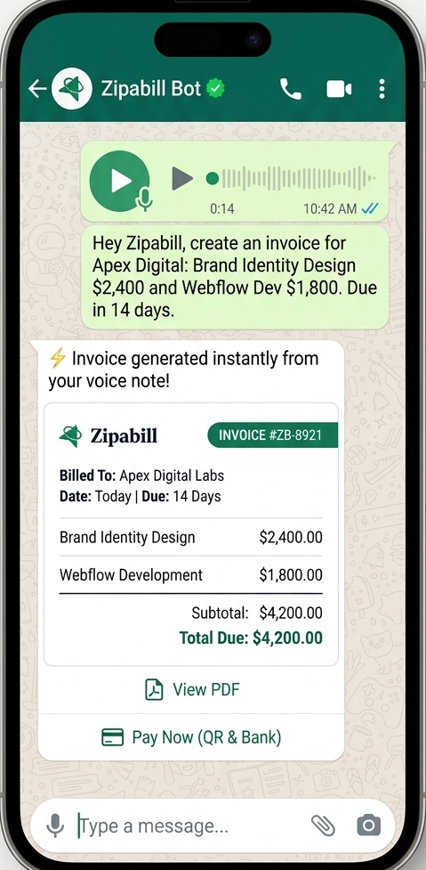 Zipabill voice note transformed into a professional invoice