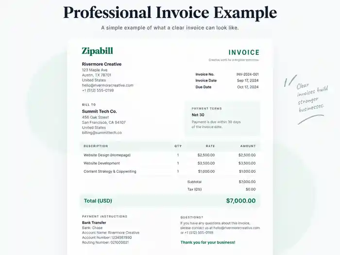 How to create an invoice professional example showing a clear invoice layout and payment details